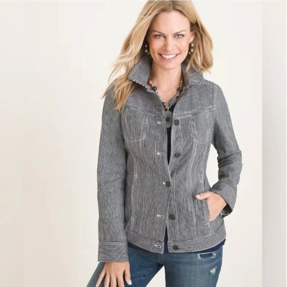 Chico's Denim Railroad Stripe Jacket Black White Casual Classic Sz 16 / 18P
